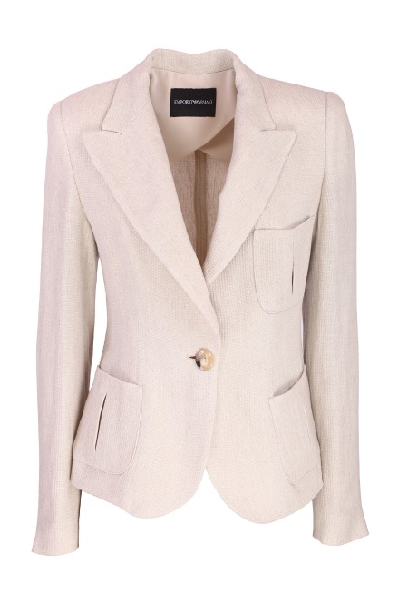 Shop EMPORIO ARMANI  Jacket: Emporio Armani single-breasted jacket in linen blend textured crepe.
Tight fit.
Single-breasted central closure with button.
Buttoned cuffs.
Sleeves and half back lining in georgette.
Composition: 55% Linen, 45% Lyocell.
Made in Tunisia.. E3NG36 F2207-011